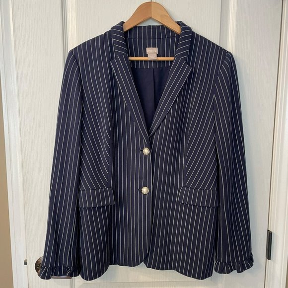Chico's Jackets & Blazers - Chico's | Navy Blue & White Pinstripe Pearl Button Women's Blazer Jacket 12 / 14